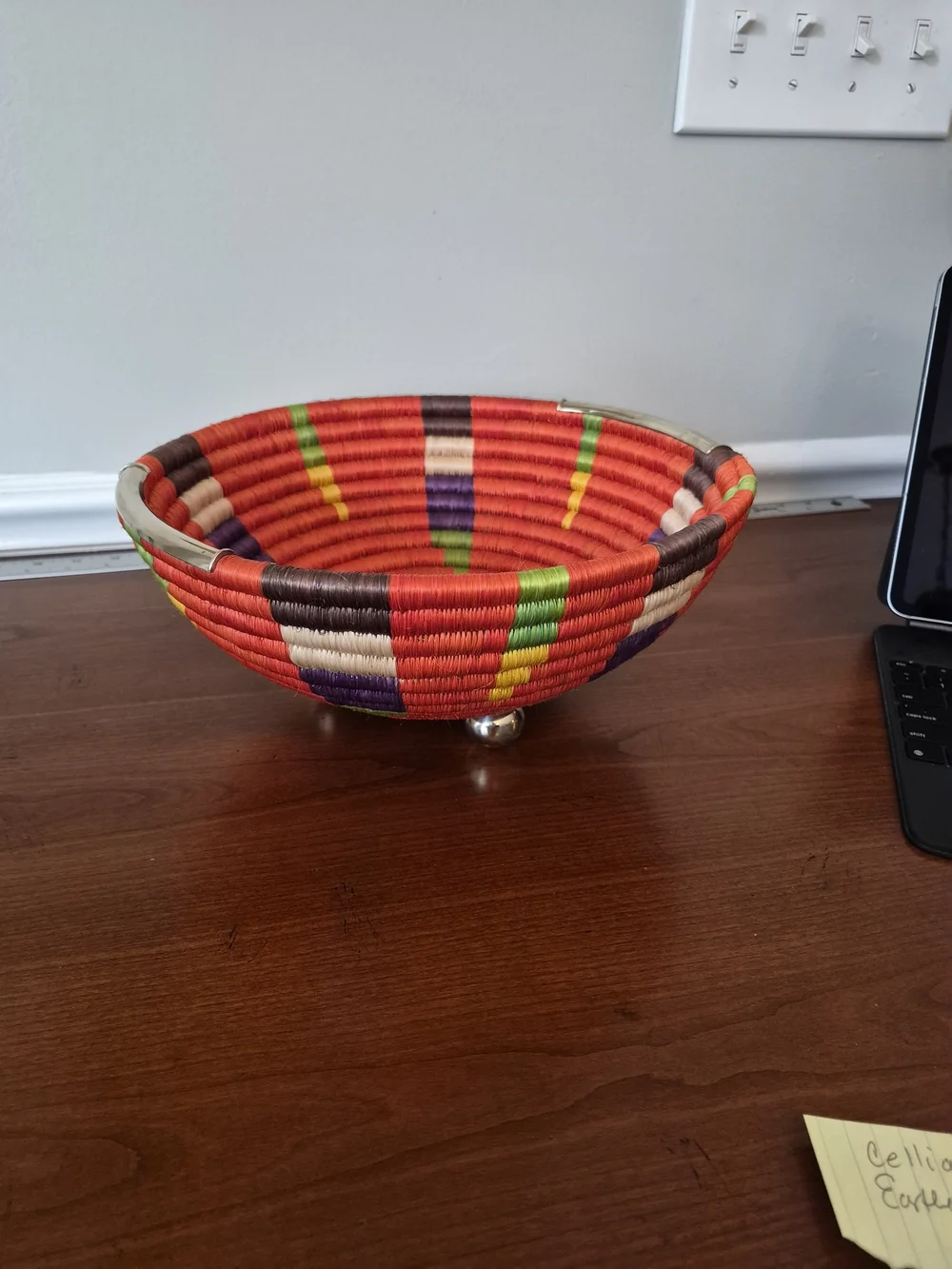 Cellia Handwoven orange Multicolor Decorative Bowl with Chrome Handles Accents